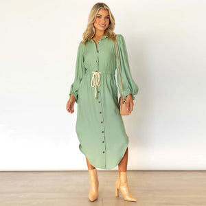 Long-sleeved temperament shirt mid-length tie-up waist dress