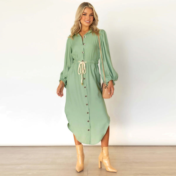 Long-sleeved temperament shirt mid-length tie-up waist dress