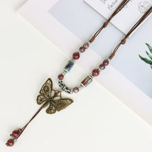 Load image into Gallery viewer, Ethnic style ceramic long sweater chain women&#39;s antique hanging vintage Chinese style butterfly necklace