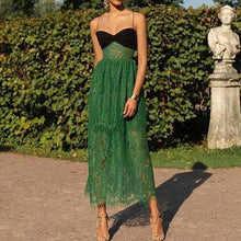 Load image into Gallery viewer, New women&#39;s dress suspender sexy lace green cutout resort multi-layered maxi dress