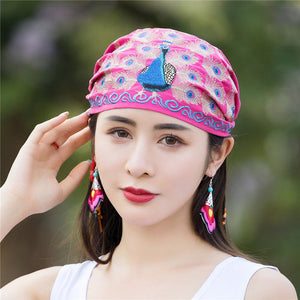 National style embroidered thin cotton and linen hat Women's hat Peacock embroidered hat Tie scarf hat
