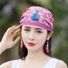 Load image into Gallery viewer, National style embroidered thin cotton and linen hat Women&#39;s hat Peacock embroidered hat Tie scarf hat