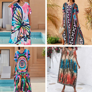 Cotton Watermark Printed Beach Blouses Robe-style Holiday Sunscreen Blouses Bikini Blouses