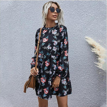 Load image into Gallery viewer, Black background small collar fashion leisure high waist A-line skirt temperament autumn and winter dress women&#39;s long sleeves