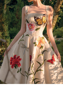 New three-dimensional flowers in summer, vintage waist slimming slip dress