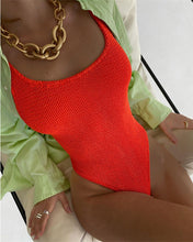 Load image into Gallery viewer, Special fabric crinkle cloth wavy strip candy color one-piece swimsuit for women fluorescent crinkle cloth swimsuit