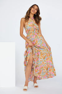 New women's sexy lace-up halterneck split print resort dress