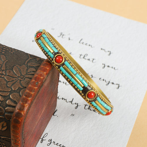 Tibetan Nepalese Bracelet National Style Retro Pure Copper Inlaid Turquoise Tibetan Handmade Bracelet
