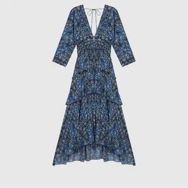 French Print Cake Skirt Temperament Flowing Halter Layered Dress