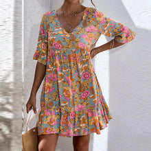 Load image into Gallery viewer, Spring/Summer Ruffled Mid Sleeve Printed Women&#39;s Dress with Loose Pleated Dress