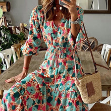 Load image into Gallery viewer, Women&#39;s Fashion V-Neck Long Sleeves Printed Loose Mid-Length Dress