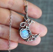 Load image into Gallery viewer, Retro Bohemian wind moon light stone necklace with wire wound hollow Moon Pendant