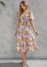 Load image into Gallery viewer, Summer print V-neck midi midi dress with a nipped-in waist