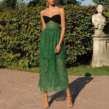 Load image into Gallery viewer, New women&#39;s dress suspender sexy lace green cutout resort multi-layered maxi dress