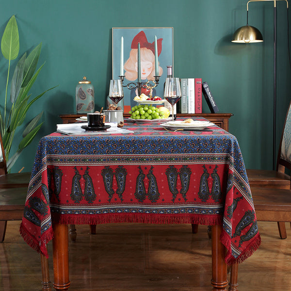 Bohemian cotton and linen printing table linen large pepper home coffee table red tassel rectangular tablecloth