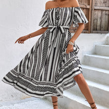 Load image into Gallery viewer, Bohemian Off Shoulder High Waist Lace up Casual Stripe Plaid Dress