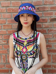 New National Style Embroidered Braided Hat, Folding Leisure Straw Hat, Summer Vacation Beach Sunshade Basin Hat