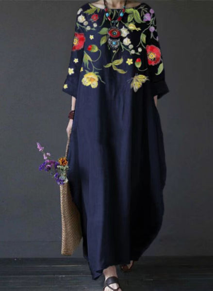 Summer Feminine Style Long Dress Round Neck Vintage Sweet Print Art Dress 3/4 Sleeve