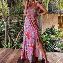 Load image into Gallery viewer, Sexy printed suspender party diagonal collar bow split sleeveless Ruffle Dress
