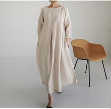 Load image into Gallery viewer, Loose Plus-size Dress Fat Japanese Cotton and Linen Round Neck Pullover Solid Color Long Skirt Big Swing Dress
