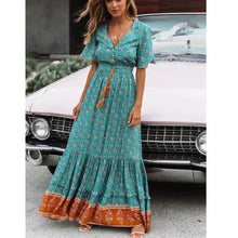 Load image into Gallery viewer, Bohemian Summer High Waist Lace up V-Neck Loose Large Hem Dress Seaside Long Dress