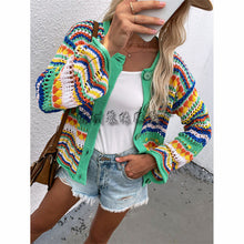 Load image into Gallery viewer, Striped sweater women loose plus size rainbow knit sweater button cardigan