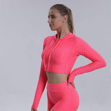 Load image into Gallery viewer, Yoga clothes Jacquard bubble hooded long sleeve Women&#39;s fitness clothes Sports Yoga tops