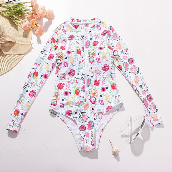 Women's One Piece Long Sleeve Surfwear Multicolor Print Zip Swimsuit