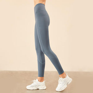 Spliced pocket size double-sided nylon high elastic sports high waist hip tight yoga pants women.