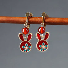 Load image into Gallery viewer, Red earrings antique rabbit earrings with cheongsam retro sterling silver ethnic earrings