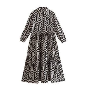 Women's Long Sleeve Lapel Green Geometric Print Shirt Dress