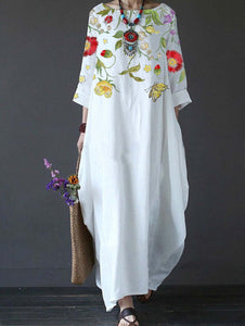 Summer Feminine Style Long Dress Round Neck Vintage Sweet Print Art Dress 3/4 Sleeve