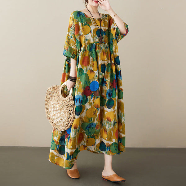 Simple and Fashionable Bohemian Long Dress, New Summer Style, Added Fat, Round Neck, Short Sleeved, Middle-aged and Elderly Mom's Dress