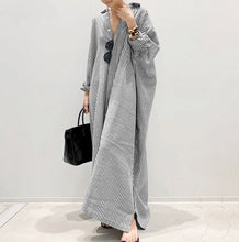 Load image into Gallery viewer, Cotton and linen striped cardigan loose size commuting irregular dress