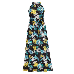 Hanging neck retro print dress seaside beach dress