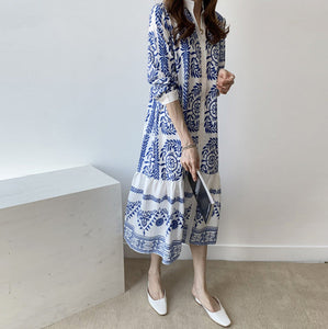 Bohemian Blue and white porcelain Printed Women's Shirt Long National Style Dress