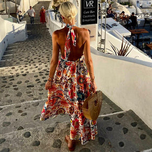 Stylish deep V halterneck sleeveless print resort beach dress