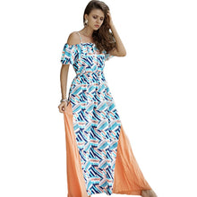 Load image into Gallery viewer, Off Shoulder Chiffon Split Long Style Women Beach Boho Dress Floral Print Maxi Robe Femme Fashion Ruffle Spaghetti Strap Dresses