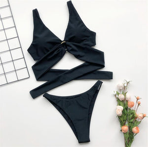 Women Solid Black Beach Swimwear Sexy Two Pieces Swimsuits