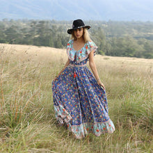 Load image into Gallery viewer, Blue Off-the-shoulder Bohemia Maxi Chiffon Floral Print Dress Beach Style Vacation Dress