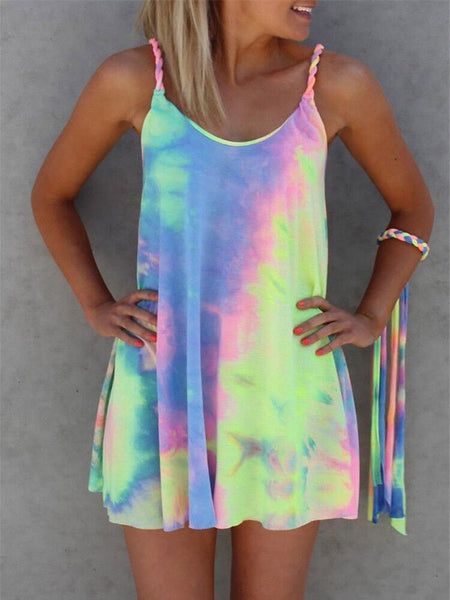 Colorful Tie Dye Twist Summer Strap Sleeveless Mini Dress