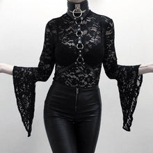 Load image into Gallery viewer, Woman Black Goth Sexy Lace Bodysuit Rompers A Line Skirt Suspender Lace Up See Through Club Wear