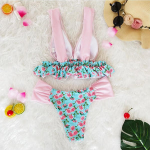 V-Neck Bow Knot Floral Print Bikini Set