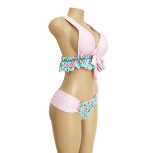 V-Neck Bow Knot Floral Print Bikini Set