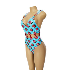 Waist Hollow Ruffled Strap Print Ins Style One Piece Swimsuit