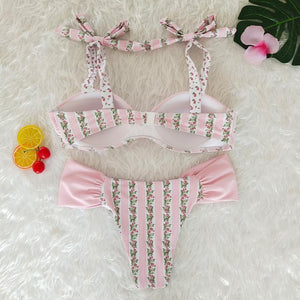 Resort Style Hang Neck Bow Color Block Bikini Set