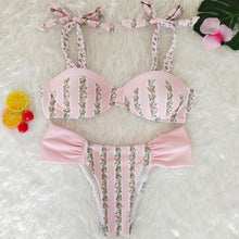 Load image into Gallery viewer, Resort Style Hang Neck Bow Color Block Bikini Set