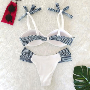 Resort Style Hang Neck Bow Color Block Bikini Set