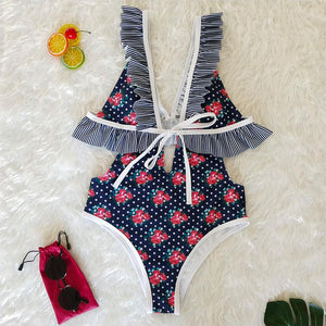 Deep V Ruffled Neck Print Ins Style One Piece Swimsuit