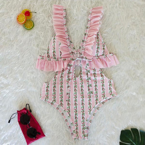 Deep V Ruffled Neck Print Ins Style One Piece Swimsuit